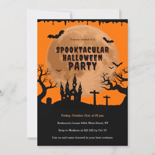 Spuk House Orange Moon Halloween Einladung (Vorderseite)