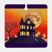 Spuk House Pointillism Halloween Ornament Aus Metall (Rückseite)