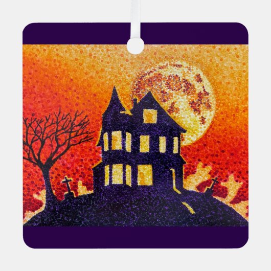 Spuk House Pointillism Halloween Ornament Aus Metall (Vorderseite)