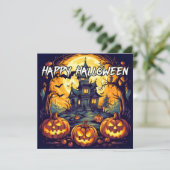 Spuk House & Pumpkins | Frohe Halloween Karte (Stehend Vorderseite)