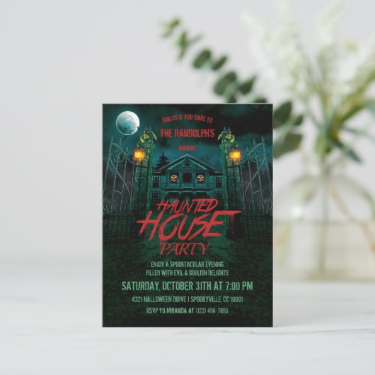 Spuk House Pumpkins Full Moon Halloween Einladung (Stehend Vorderseite)