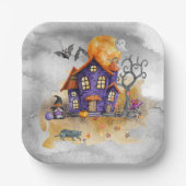 Spuk Lila Gnome House mit Ghost Bats & Cats Pappteller (Vorderseite)