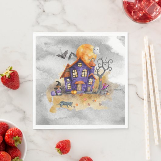 Spuk Lila Gnome House mit Ghost Bats & Cats Serviette (Beispiel)