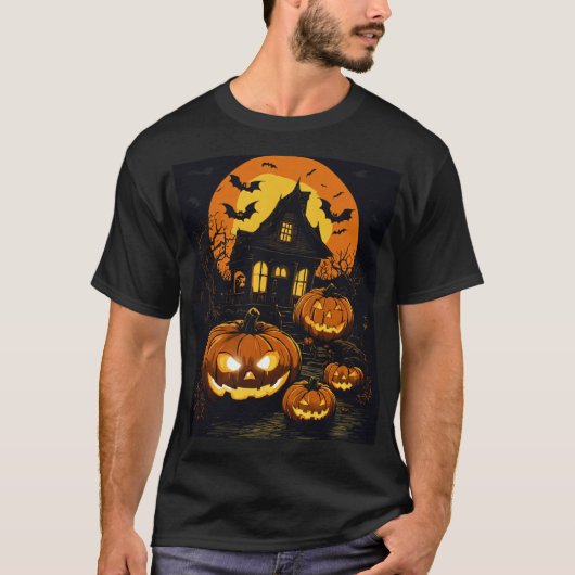 "Spuk Nacht: Pumpkin Jack-o'-Lanterns & Bats" T-Shirt (Vorderseite)