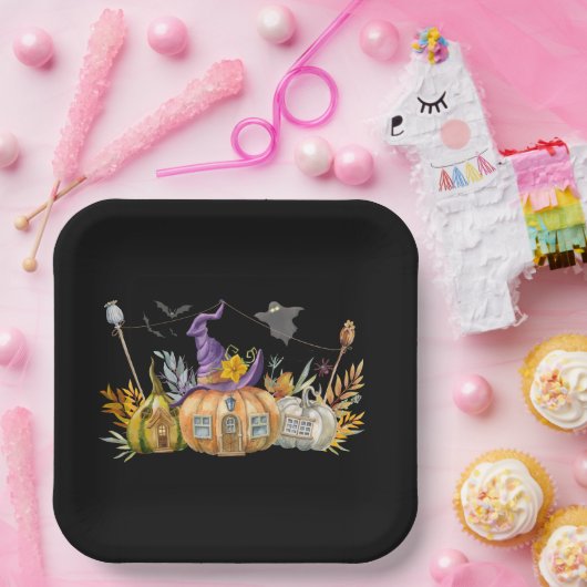 Spuk Pumpkin House mit Ghost & Bats Pappteller (Party)