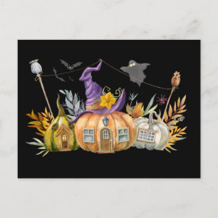 Spuk Pumpkin House mit Ghost & Bats Postkarte