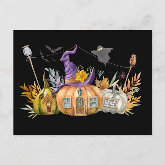 Spuk Pumpkin House mit Ghost & Bats Postkarte (Vorderseite)