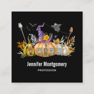 Spuk Pumpkin House mit Ghost & Bats Quadratische Visitenkarte