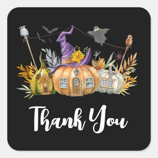 Spuk Pumpkin House mit Ghost & Bats Quadratischer Aufkleber (Vorderseite)