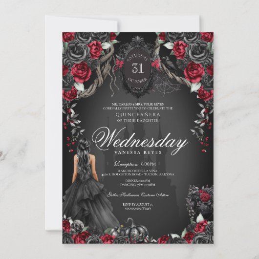 Spuk Quinceanera Schwarze Rose Rotes Halloween Einladung (Vorderseite)