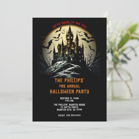 Spuk Schloss auf dem Friedhof Halloween-Party Einladung (Stehend Vorderseite)