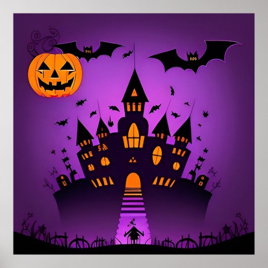 Spuk Schloss mit Pumpkins Fledermäuse Poster (Vorne)