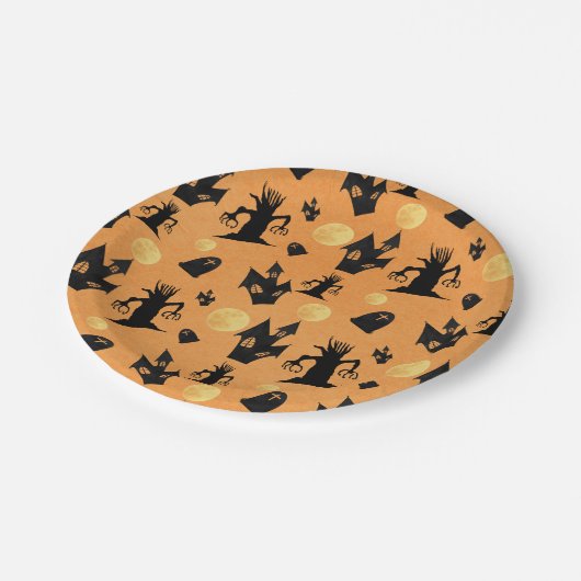 Spuk Schwarz-Orange-Haus Halloween Pappteller (Schrägansicht)