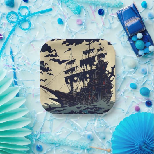 Spuk Segelschiff Woodblock 1 Pappteller (Party)