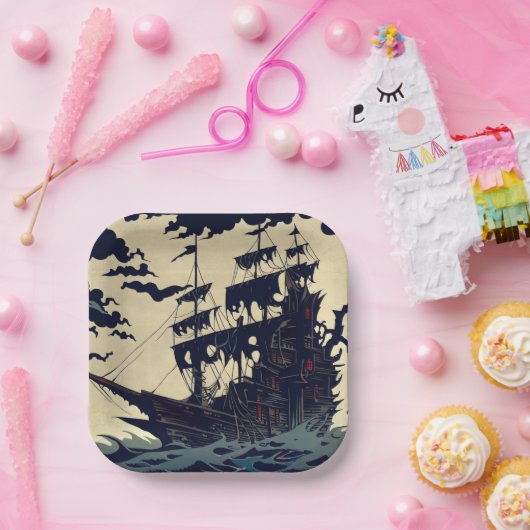 Spuk Segelschiff Woodblock 1 Pappteller (Party)