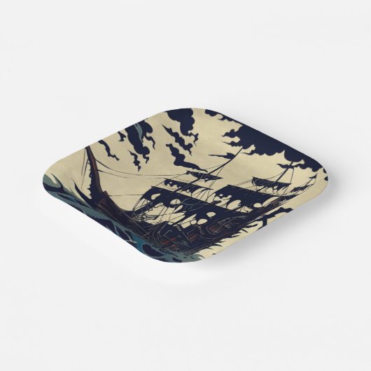 Spuk Segelschiff Woodblock 1 Pappteller (Gewinkelt)