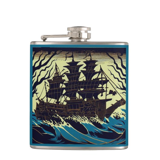 Spuk Segelschiff Woodblock 3 Flachmann (Vorderseite)