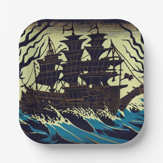 Spuk Segelschiff Woodblock 3 Pappteller (Vorderseite)