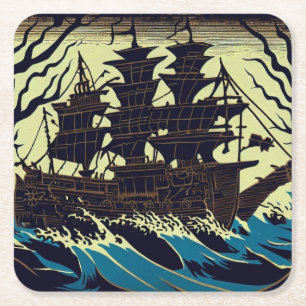 Spuk Segelschiff Woodblock 3 Rechteckiger Pappuntersetzer