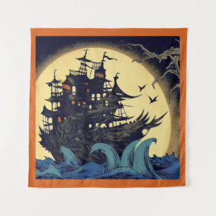 Spuk Segelschiff Woodblock 4 Wandteppich