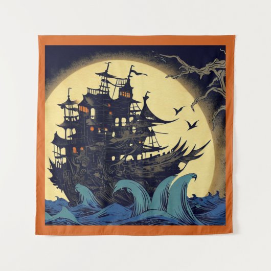 Spuk Segelschiff Woodblock 4 Wandteppich (Vorderseite)