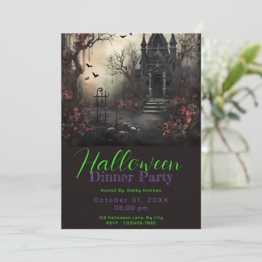 Spuk Viktorianisches House Halloween Dinner Party Einladung (Stehend Vorderseite)