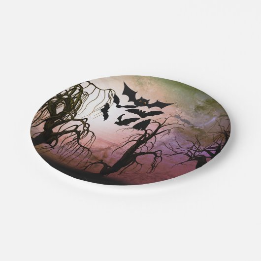 Spuk Wald mit Fledermaus-Cartoon Pappteller (Schrägansicht)