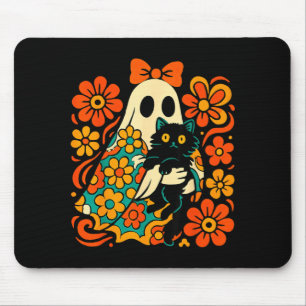 Spukgeist hält schwarze Katze Groovy Floral Retro Mousepad