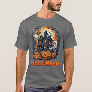 Spukhaus mit Kürbissen, Geistern und Vollmond T-Shirt