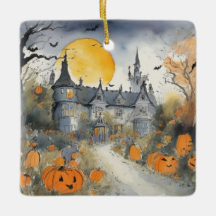 Spukhaus mit Kürbissen Keramikornament