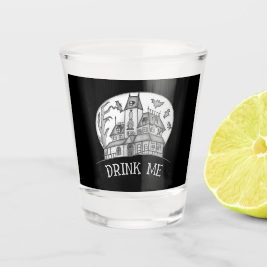 Spukhaus und Fledermäuse Halloween Schnapsglas (Vorderseite)