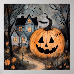 Spukhaus und Riesenkürbis Halloween Poster