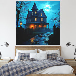 Spukvilla Blaue Mondlicht Nacht Design Leinwanddruck
