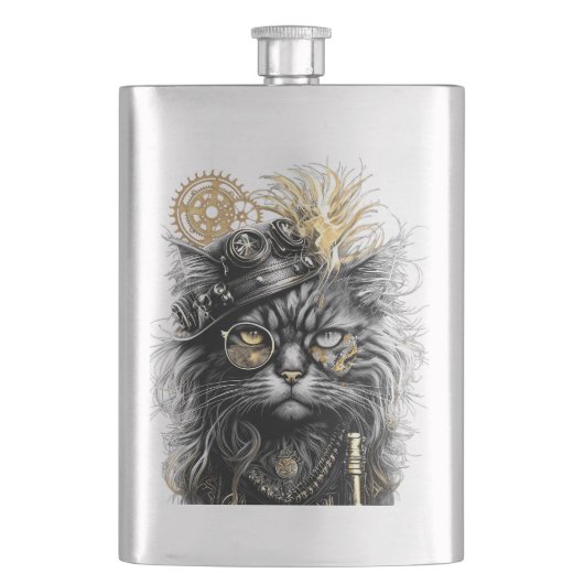 Spunky Paws Die funky Steampunk-Katze Flachmann (Vorderseite)
