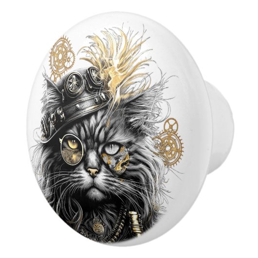 Spunky Paws Die funky Steampunk-Katze Keramikknauf (Rechts)