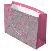 Sputnik-Muster aus der Mitte, Grau und Fuchsia Große Geschenktüte (Rückseite Schrägansicht)