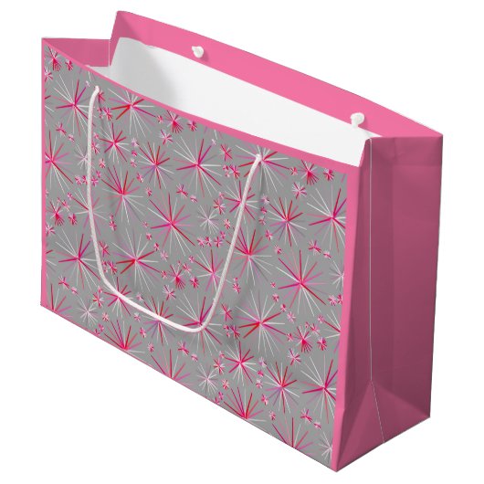 Sputnik-Muster aus der Mitte, Grau und Fuchsia Große Geschenktüte (Vorderseite Schrägansicht)