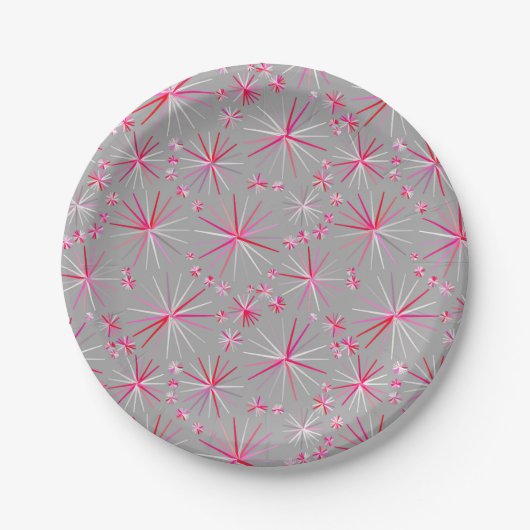 Sputnik-Muster aus der Mitte, Grau und Fuchsia Pappteller (Vorderseite)