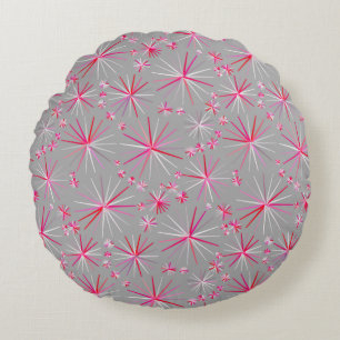Sputnik-Muster aus der Mitte, Grau und Fuchsia Rundes Kissen