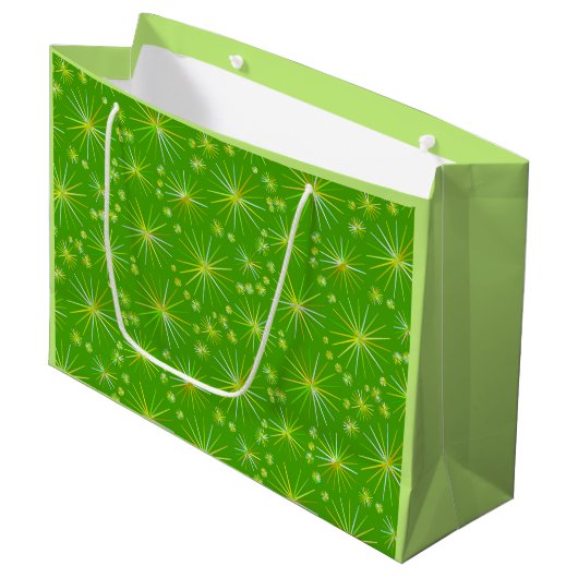 Sputnikmuster aus der Mitte des Jahrhunderts, grün Große Geschenktüte (Vorderseite Schrägansicht)