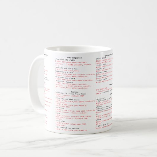 SQL Cheat Sheet-TASSE - Programmier-Geschenk Kaffeetasse (Vorderseite Links)