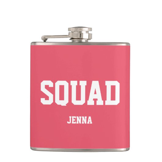 Squad Coral Pink & White Personalisiert Bridesmaid Flachmann (Vorderseite)