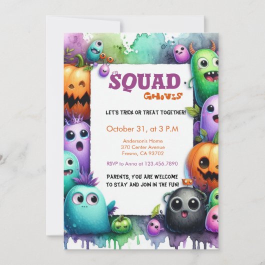 Squad Ghouls Halloween Trick oder Treat Party Einladung (Vorderseite)