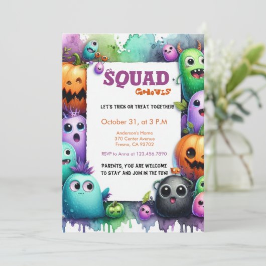 Squad Ghouls Halloween Trick oder Treat Party Einladung (Stehend Vorderseite)