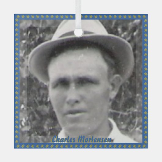 Square Ancestor Foto and Name with Blue and Gold Ornament Aus Glas (Vorderseite)