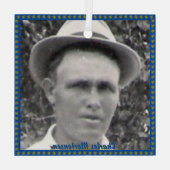 Square Ancestor Foto and Name with Blue and Gold Ornament Aus Glas (Rückseite)