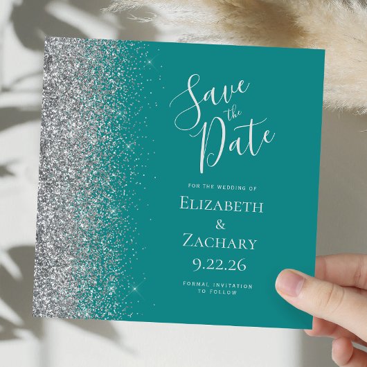 Square Aquamarin Blue Silver Glitzer Save the Date Ankündigung