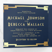 Square Art Deco Frame Navy Gold QR Code Hochzeit Dreifach Gefaltete Einladung (Innen Erste Seite)