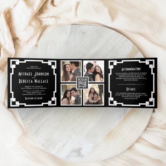 Square Art Deco Frame Schwarz-weiß QR Code Wedding Dreifach Gefaltete Einladung