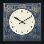 Square Art Deco Uhr in Dunkelblau und Gold<br><div class="desc">Art Deko Uhr, Jugendstiluhr, Goldcreme, 1920er Platz, stilvolle 1920er Stil, Retro Vintag antike, altmodische extravagant, Imitate Golden Line Art, einfache minimalistische Quadrat Uhr, minimales elegantes Design</div>